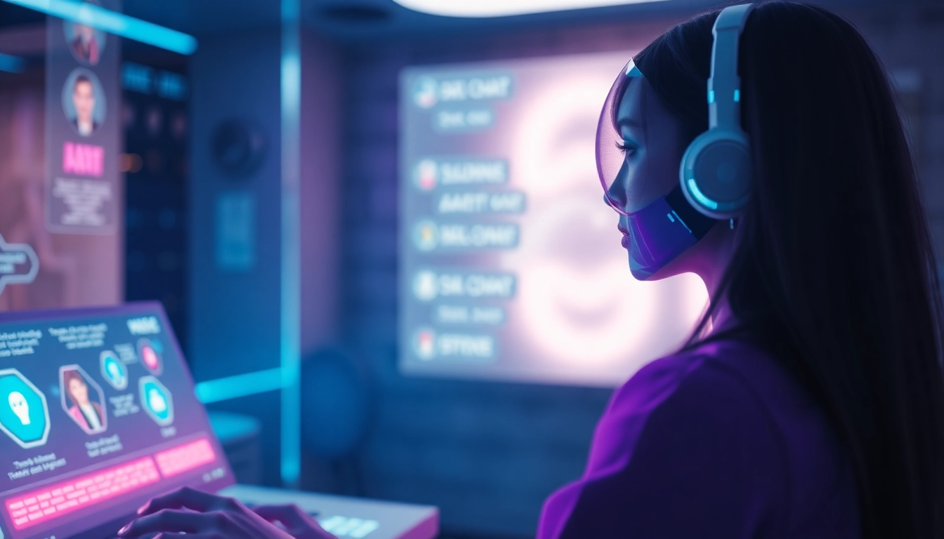 Interactive digital interface demonstrating sex chat AI technology in a futuristic setup.