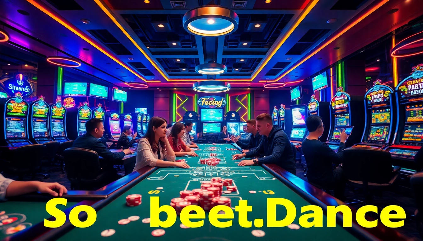 Exciting online gaming scene at sbobet.dance with vibrant players enjoying poker and slot machines.