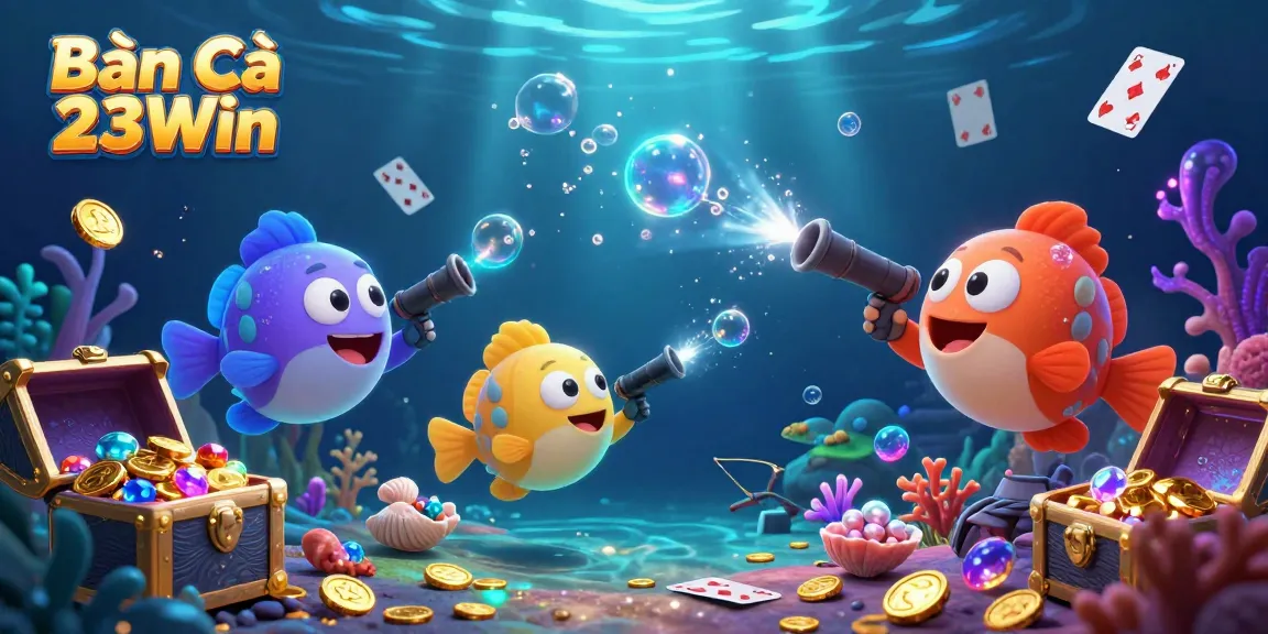 Bắn Cá 23Win showcases thrilling underwater action with colorful sea life and treasure chests bursting with rewards.
