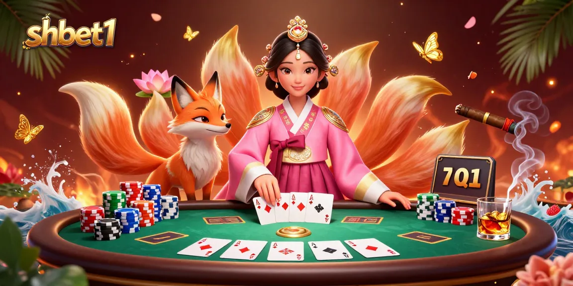 Engage with shbet1 at a vibrant poker scene featuring an elegant Asian woman and a lucky fox.