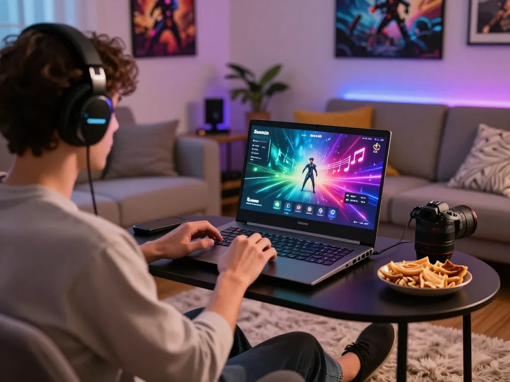 Engaging gaming experience with Sunwin platform on a stylish laptop in a vibrant home setup.
