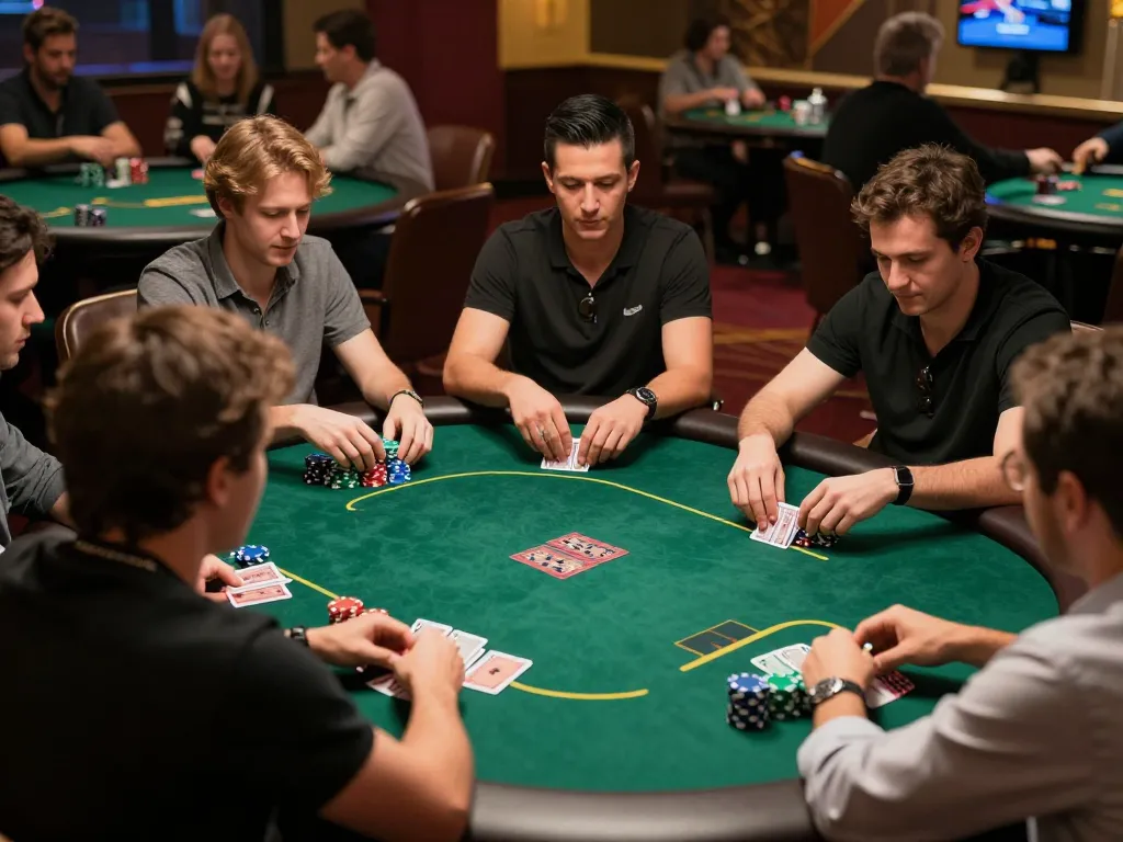 Players engaging in a strategic poker game at Bay789 casino, colorful chips and focused expressions highlight the excitement.