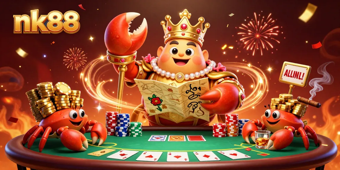 Experience thrilling gameplay at nk88 with our 3D illustration of an emperor crab overseeing poker action.