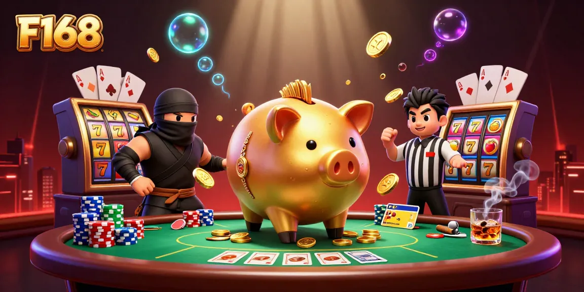 Winning with F168 as cartoon characters indulge in an exciting casino battle featuring poker and slots.