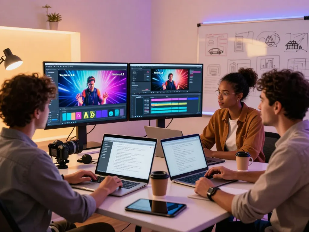 Creators using Seedance 2.0 AI in a modern video studio, showcasing collaborative video production and editing.