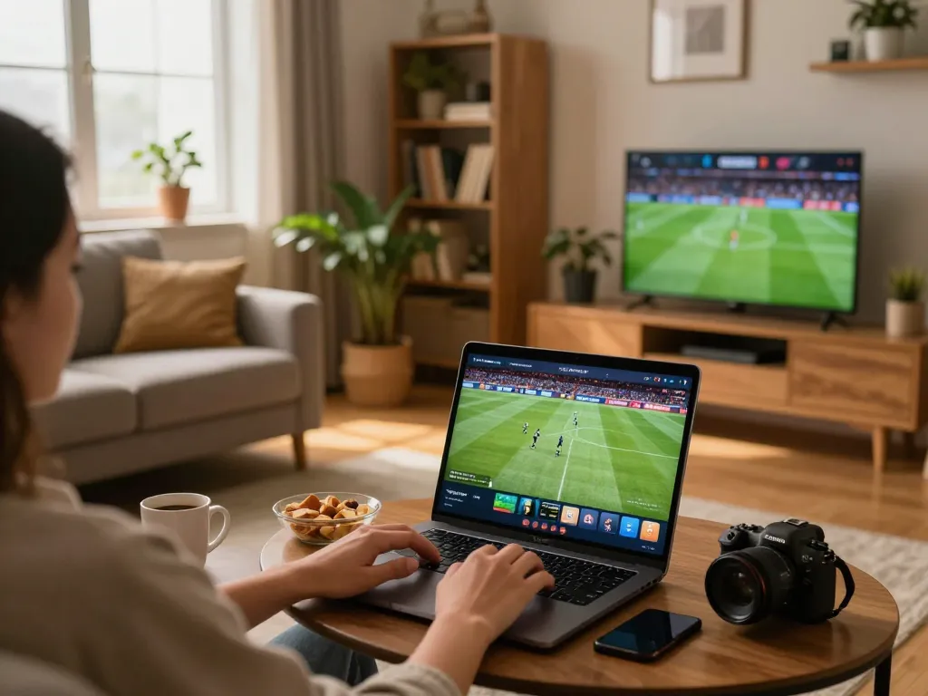 Watching live football on cakhiatv app during a cozy home gaming session