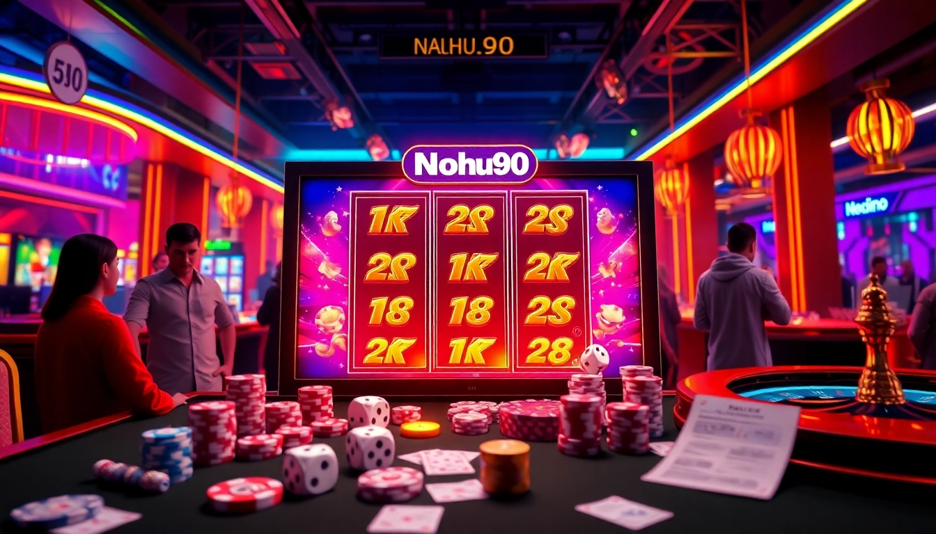 Nohu90 players enjoying a thrilling online slot machine experience with vibrant gaming elements.
