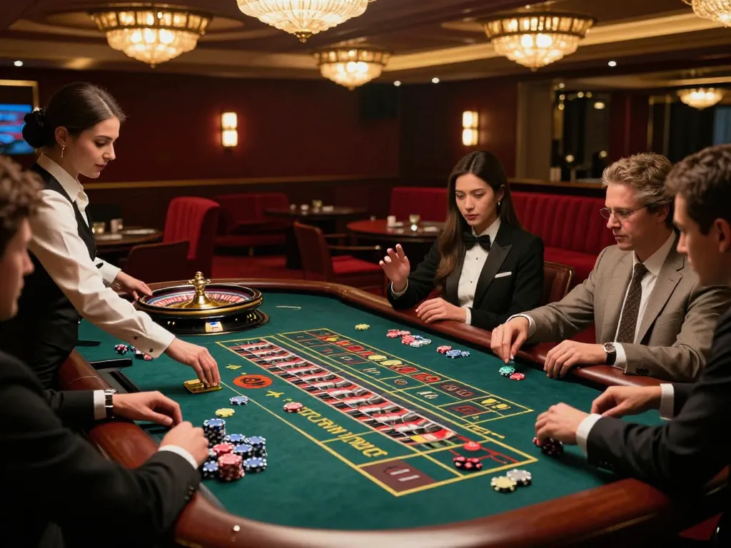 Players enjoy the excitement of betting on five88 roulette table, vibrant chips and strategic actions visible in a luxury casino.