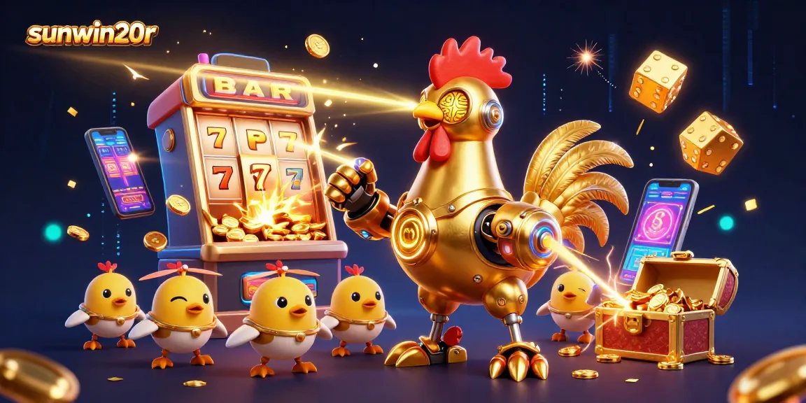Engage with sunwin20r's dynamic gaming experience featuring a futuristic rooster robot surrounded by vibrant jackpot symbols.