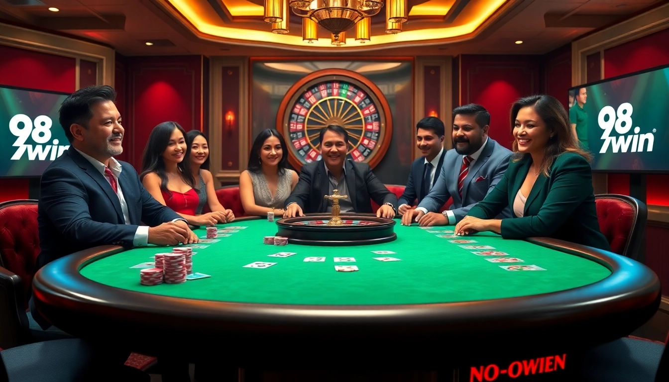 Experience thrilling gameplay at 98win's online casino with a vibrant poker table and roulette wheel.