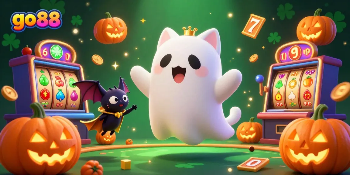 Experience thrilling gameplay with go 88 as the ghost cat engages in lively casino action amidst vibrant slot elements.