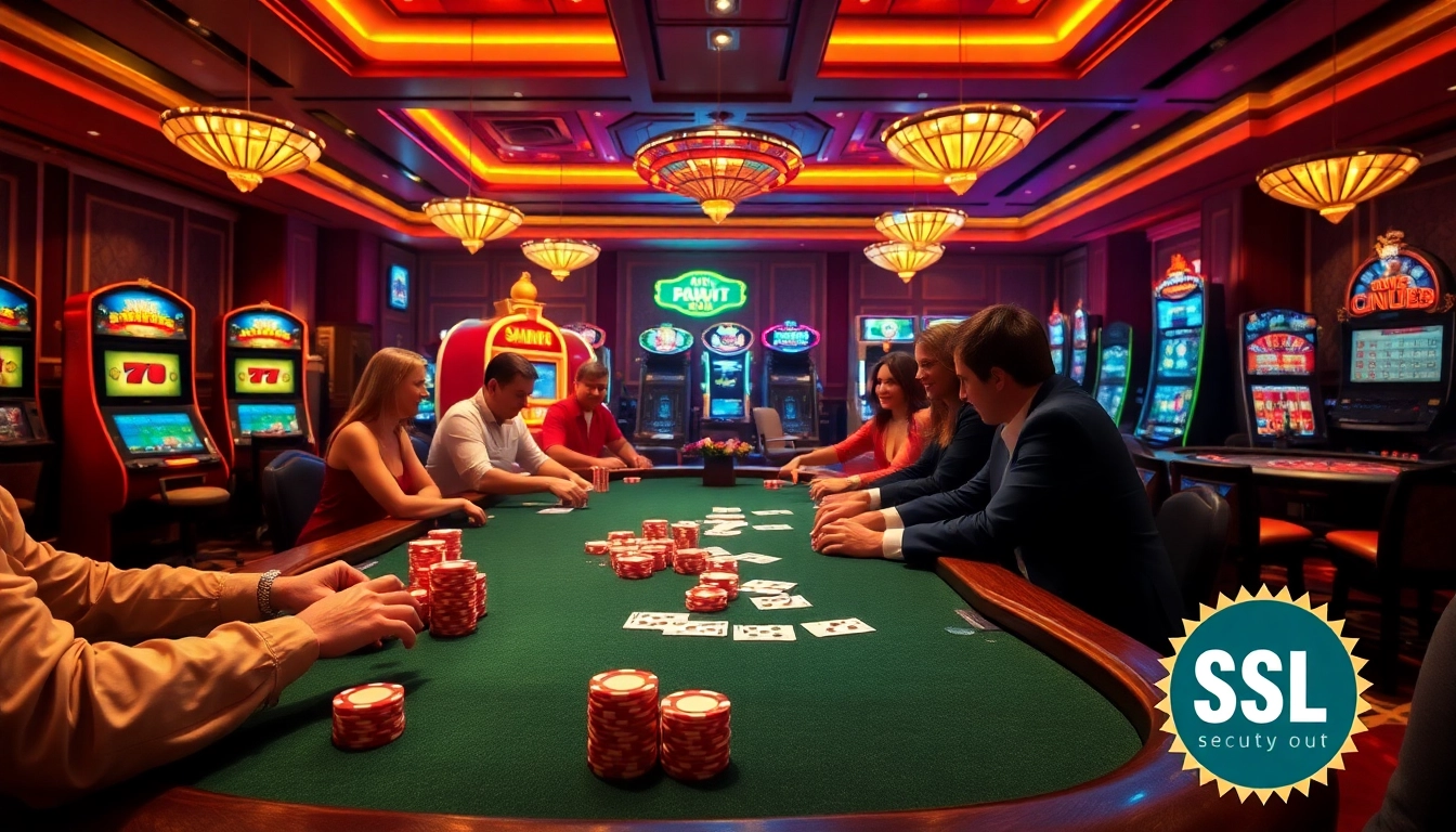 Experience thrilling games at nha cai uy tin, showcasing vibrant poker tables and slot machines.
