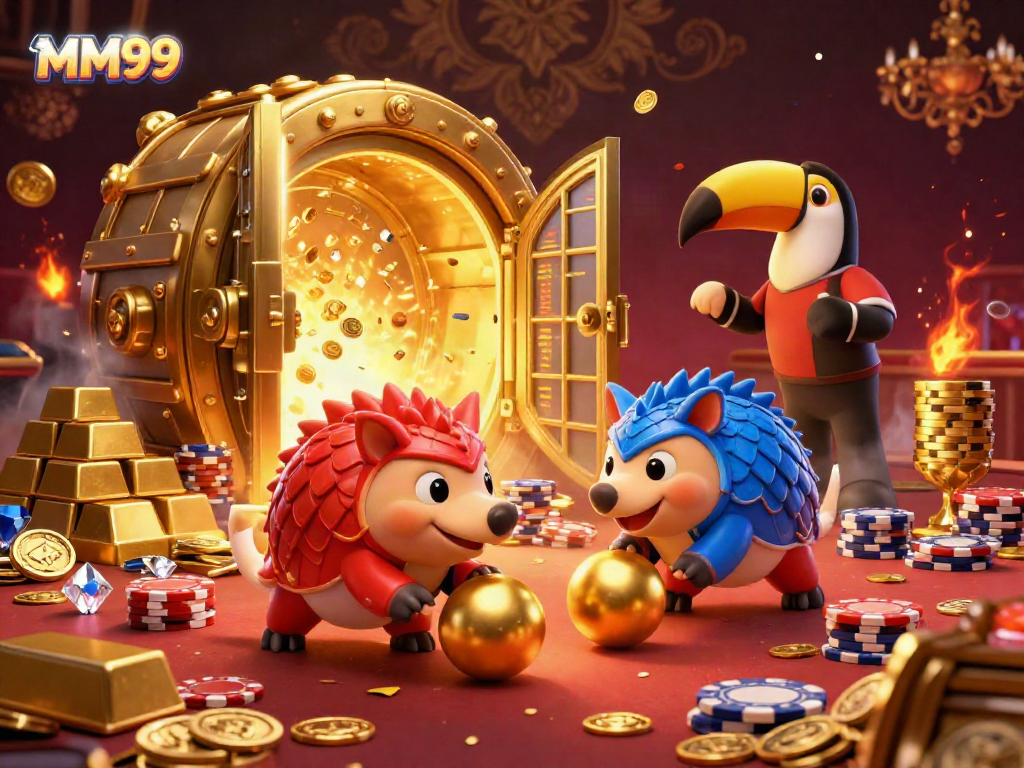 Compete with MM99 pangolins in a dazzling casino scene filled with gold and poker chips.
