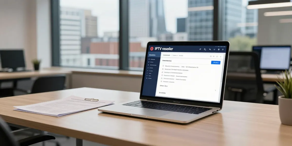A professional IPTV reseller using the Best IPTV Panel Provider in a vibrant UK office.