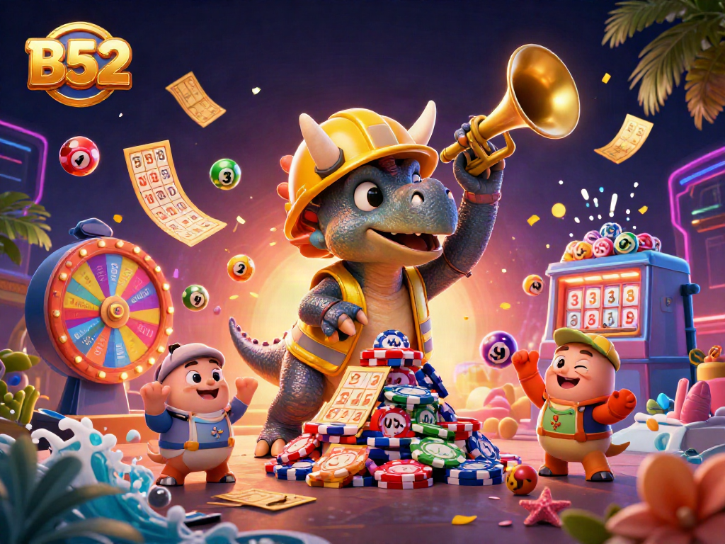 B52-themed casino illustration featuring a triceratops and games elements for exciting betting experiences
