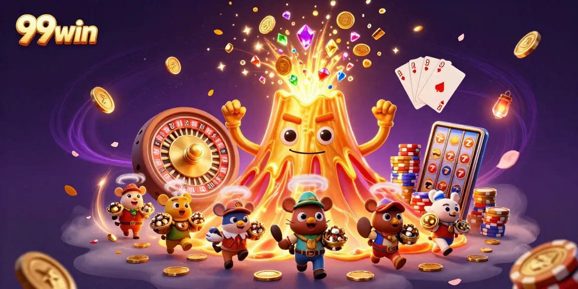 Join the excitement at 99win with vibrant gaming elements erupting from a golden volcano.