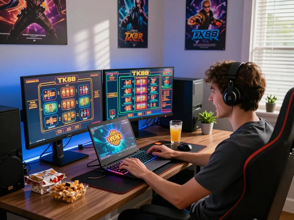 Engaging gaming setup with TK88 casino games on dual monitors, showcasing a vibrant online betting atmosphere.