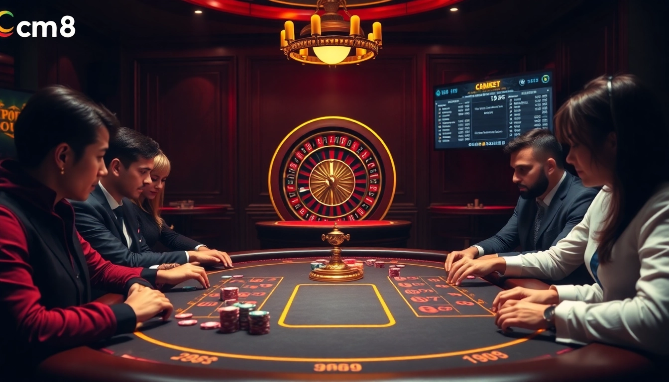 High-stakes poker at a luxurious casino table showcasing cm88 excitement with colorful chips.