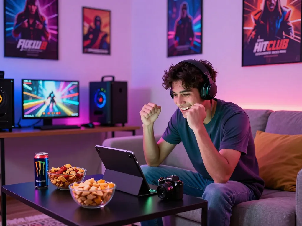 Excited player tải game hitclub on tablet in a vibrant gaming setup at home.