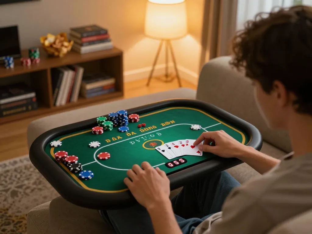 Engaging in a game bài đổi thưởng on a tablet in a cozy home setting, showcasing strategic gameplay