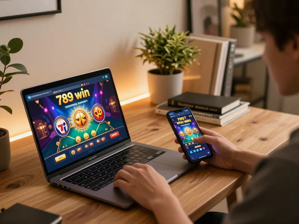 Engaging in 789 win online games with vibrant interface on a cozy home gaming setup