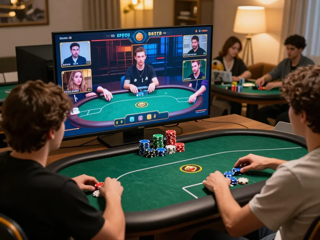 BL555 players engaging in an exciting online poker game with avatars and colorful chips