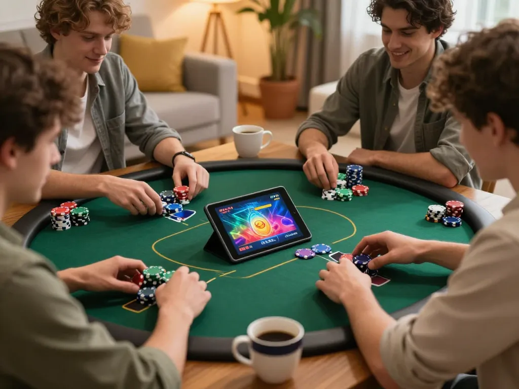 Engaging online poker scene showing players enjoying fly88 gaming experience at home.