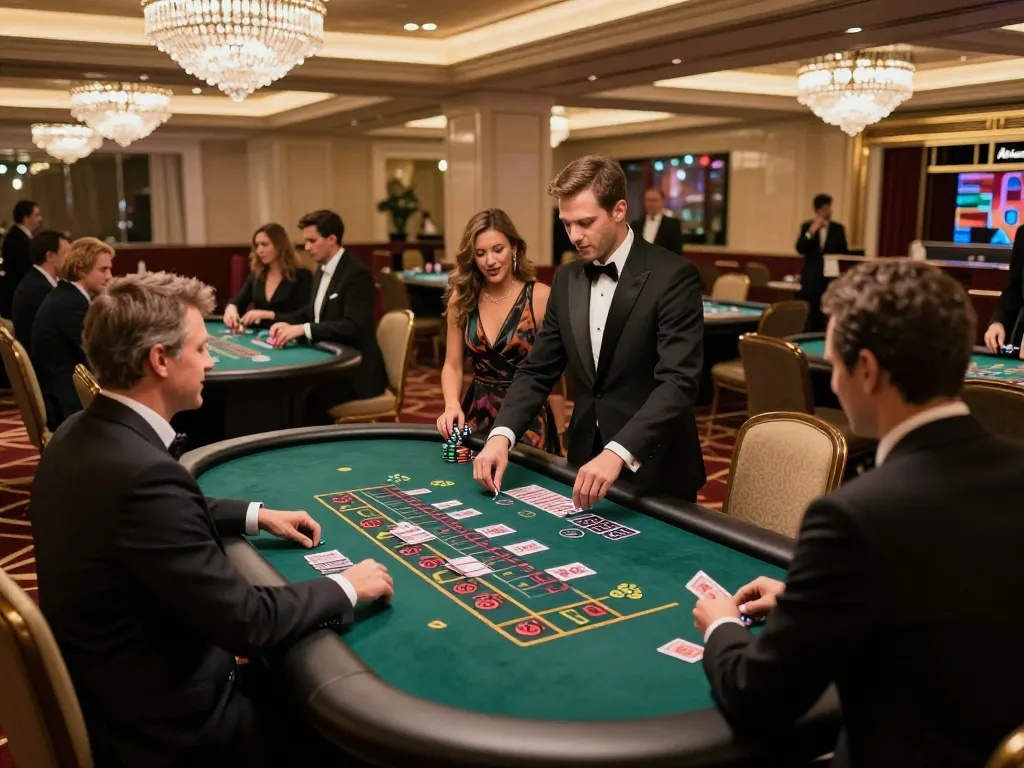 Hbet players engaging in strategic blackjack gameplay at a luxury casino table