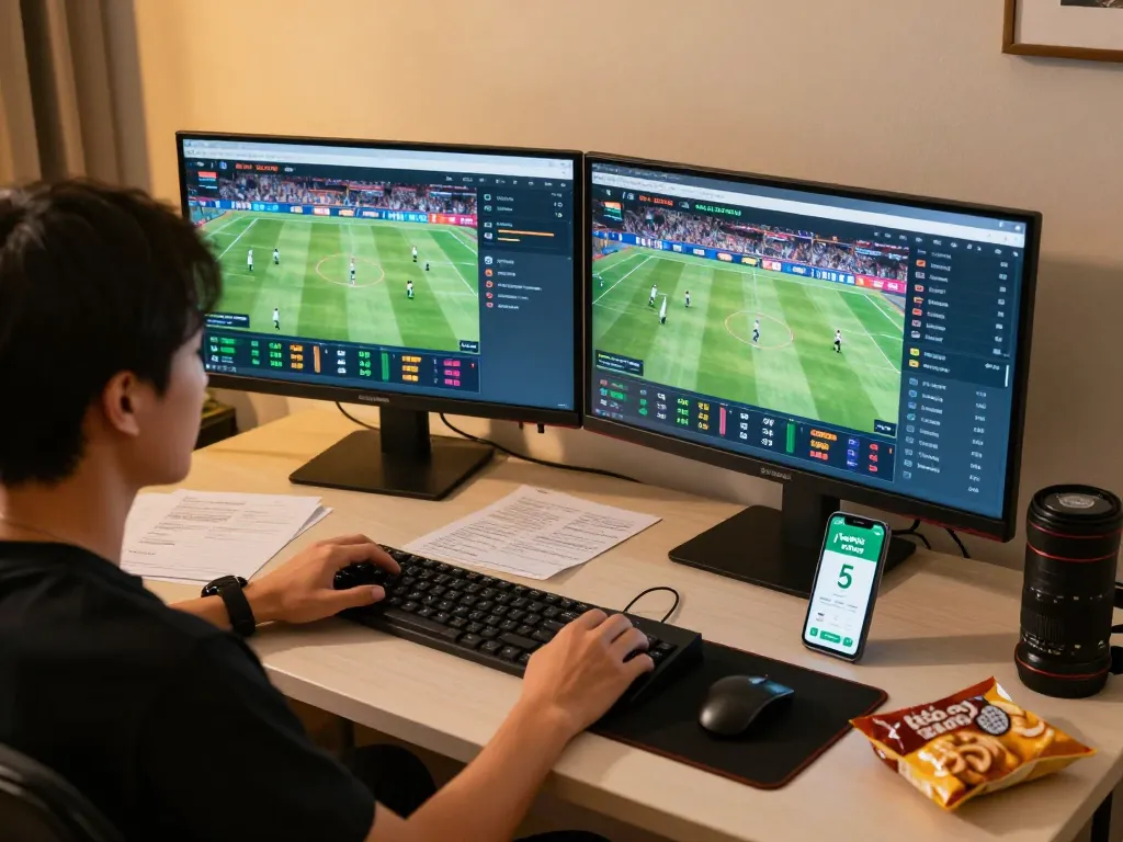 Engaged player analyzing kèo nhà cái 5 odds on dual monitors during a thrilling sports betting session