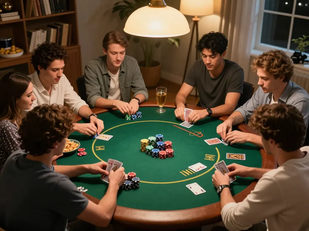 A group of friends enjoying a poker game at home, showcasing a competitive atmosphere with 888bgo branding.