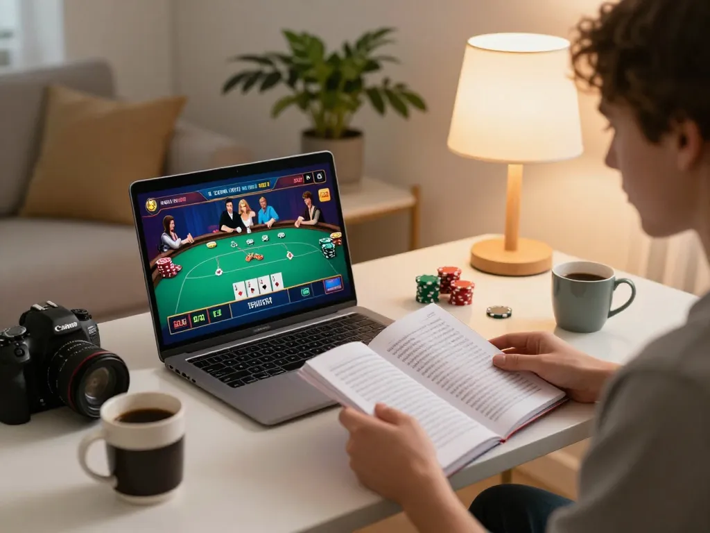 Engaging in online poker strategy gameplay with MM88 setup in a cozy home desk environment.