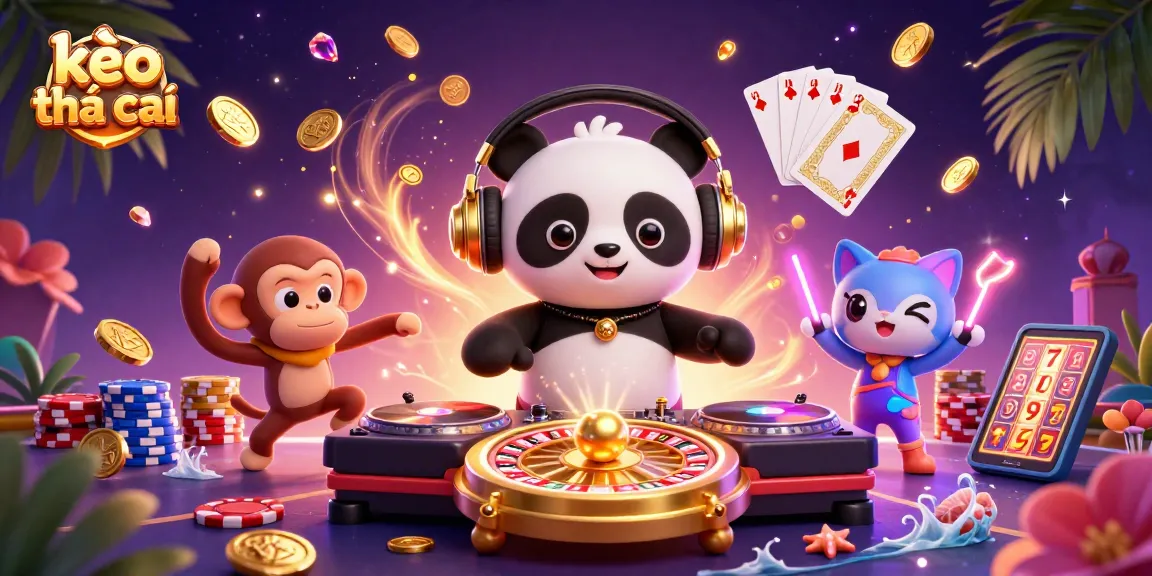 Engage with kèo nhà cái as DJ panda spins slots and coins dance in vibrant scene.
