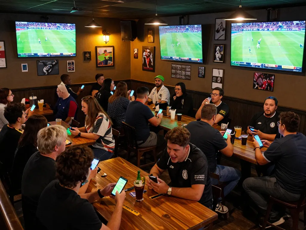 Watch thrilling trực tiếp bóng đá while placing bets at a lively sports bar, showcasing sports fans' excitement.