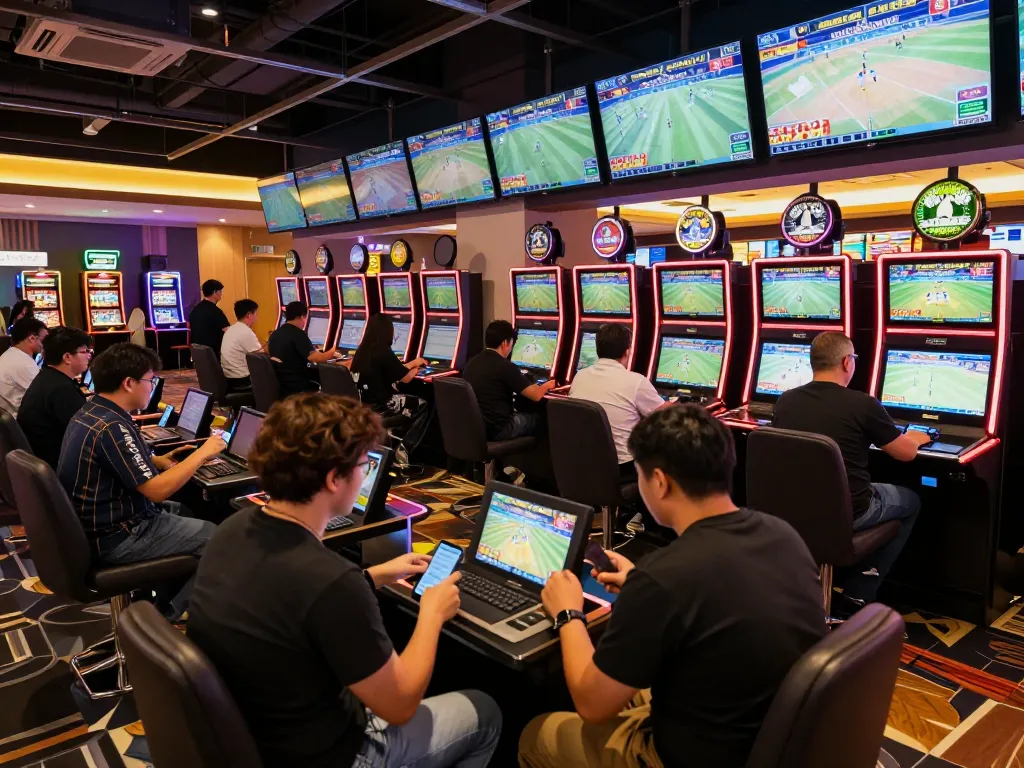Excited gamblers placing bets at the 789win sports betting lounge, showcasing an engaging atmosphere.