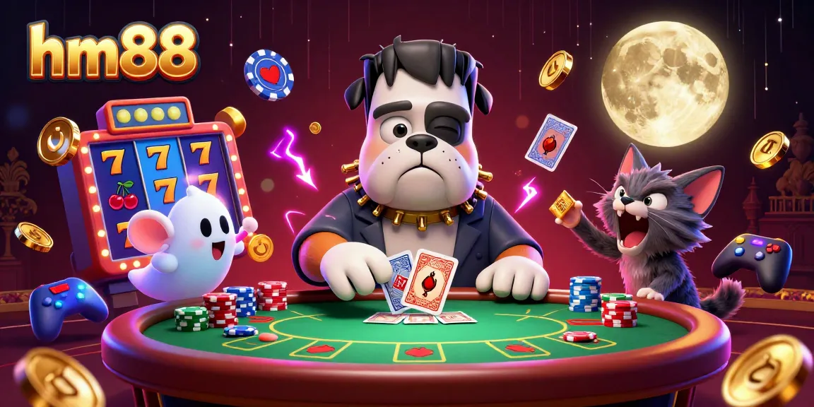Experience thrilling card action at hm88 with a Frankenstein bulldog dealer and ghostly mouse, celebrating casino luck.
