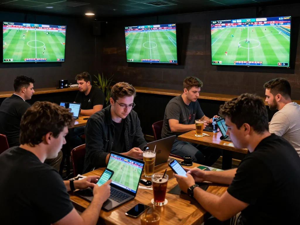 Engaged patrons exploring sports betting on their devices at nhandinhkeonhacai sports bar environment