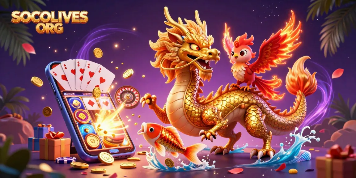 Immerse in winning action with SOCOLIVES ORG's vibrant 3D gambling scene featuring a dragon, phoenix, and koi fish.