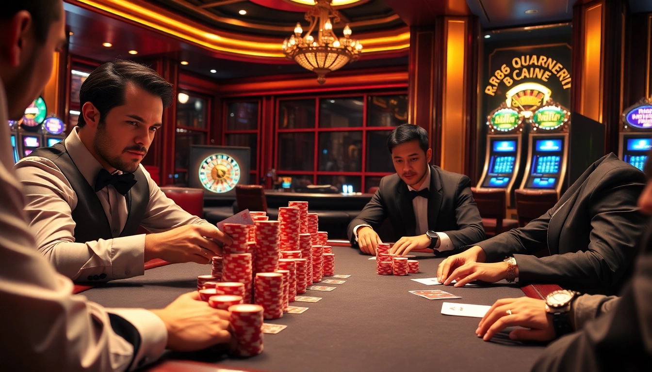 Intense poker game at RR88 featuring high stakes, vibrant chips, and cards in a luxurious casino setting.