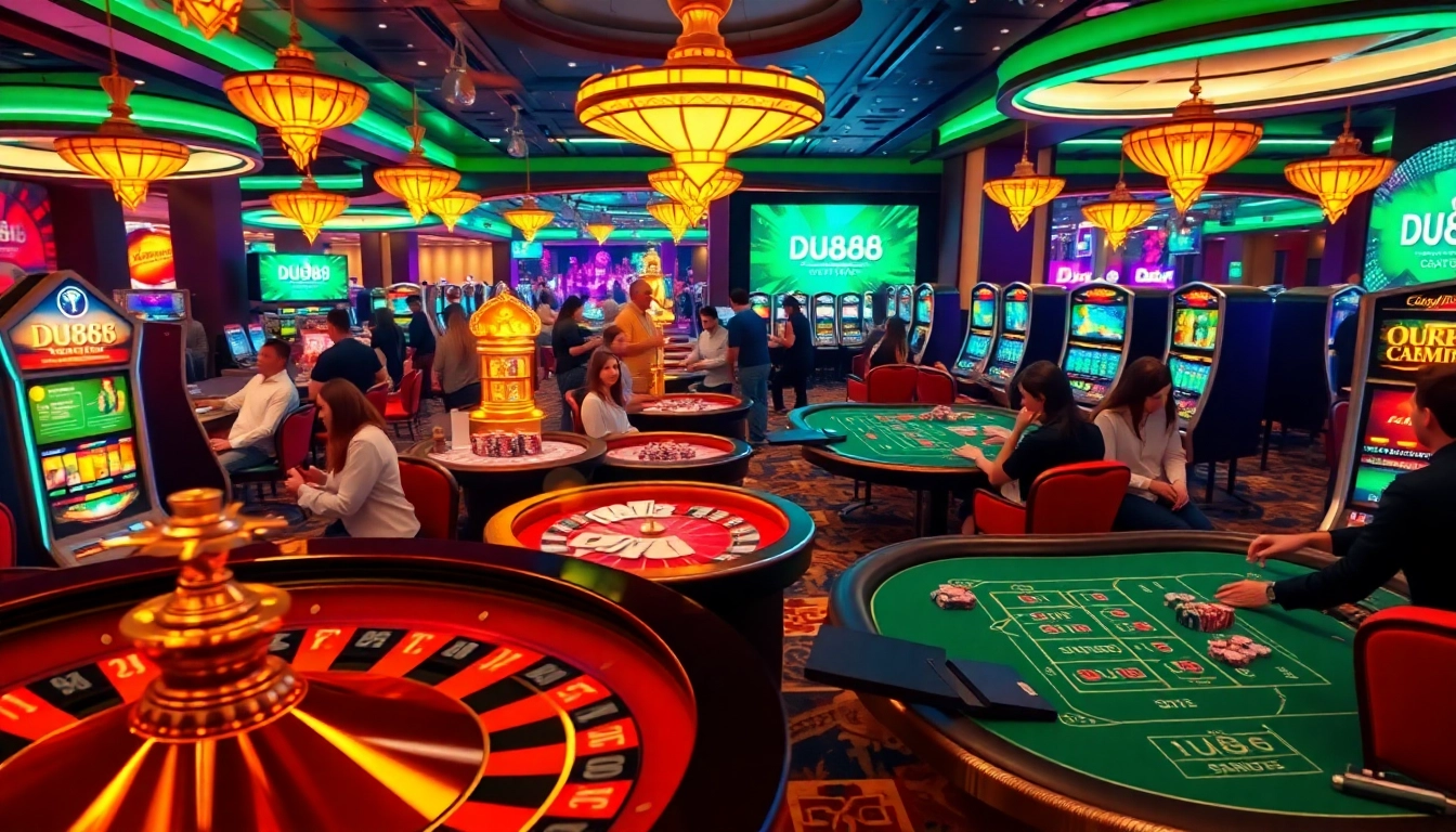 Experience the thrill of gaming with DU888 at a luxurious casino featuring dynamic tables, vibrant slot machines, and engaged players.