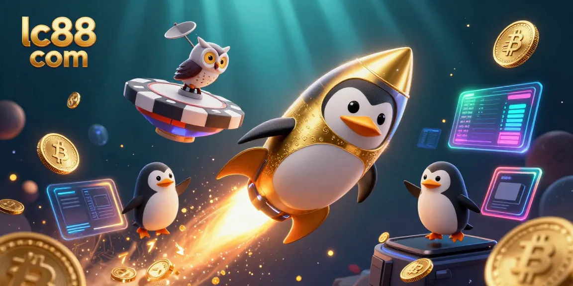Engage in thrilling betting actions with lc88 com featuring a golden penguin racing toward a casino-themed poker chip.