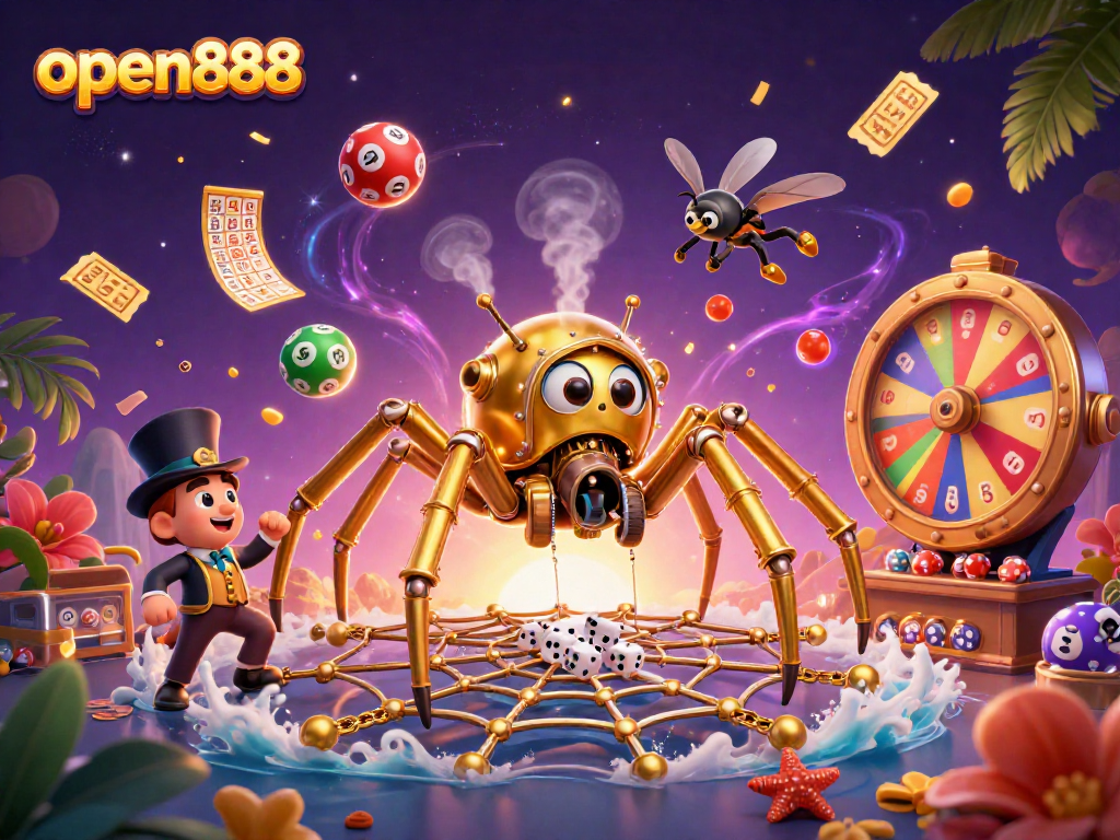 Engage with open888's thrilling atmosphere featuring a steampunk spider webbing gold chains amidst vibrant lottery elements.