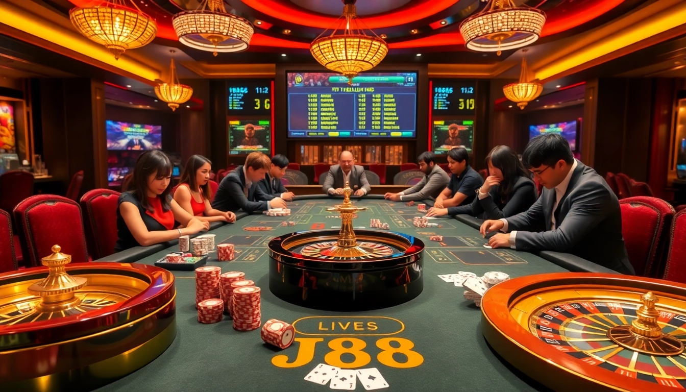 J88 casino table showcasing poker action with vibrant chips and cards in a luxurious atmosphere.