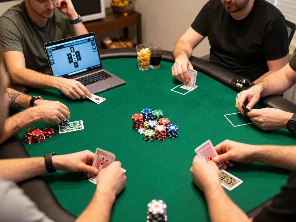 Players engrossed in online poker showing lsa strategies and card tactics during a home gaming session.
