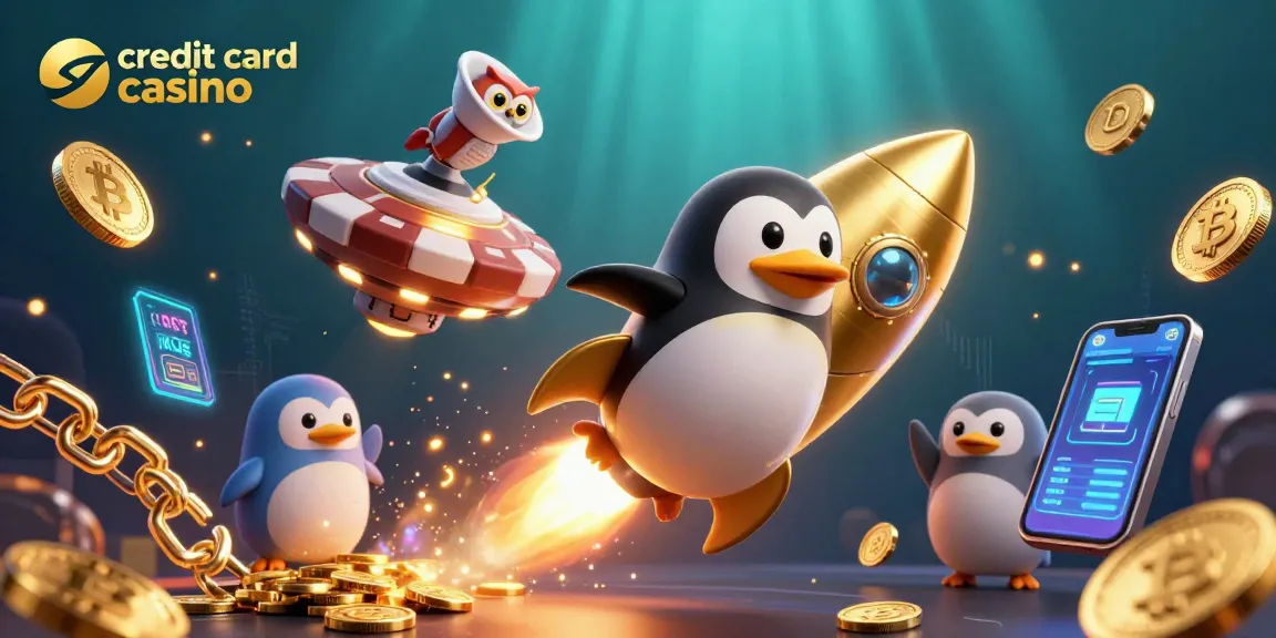 Experience the excitement of a credit card casino with golden coins and neon elements in a vibrant 3D space scene.