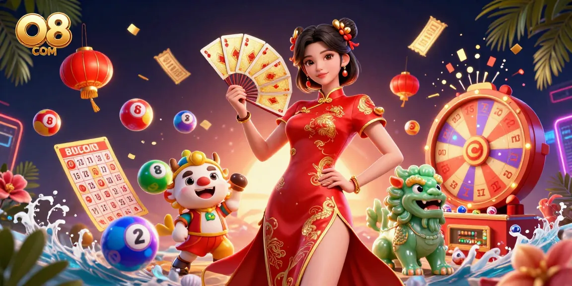 Engage with O8 COM's vibrant gambling scene featuring a woman in qipao and dynamic lottery elements.