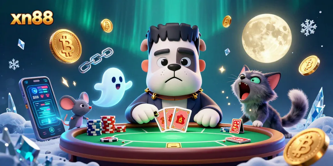 xn88: A 3D cartoon Frankenstein bulldog monster deals poker cards at a spooky table full of glowing crypto elements.