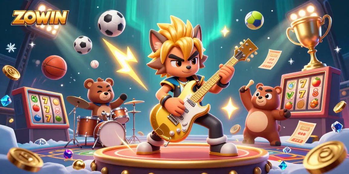 ZOWIN's vibrant casino scene featuring a rock star wolf and dynamic gaming elements.