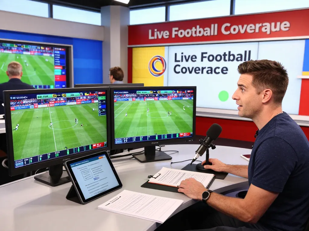 Live football broadcast scene showcasing trực tiếp bóng đá with analysts discussing match statistics.