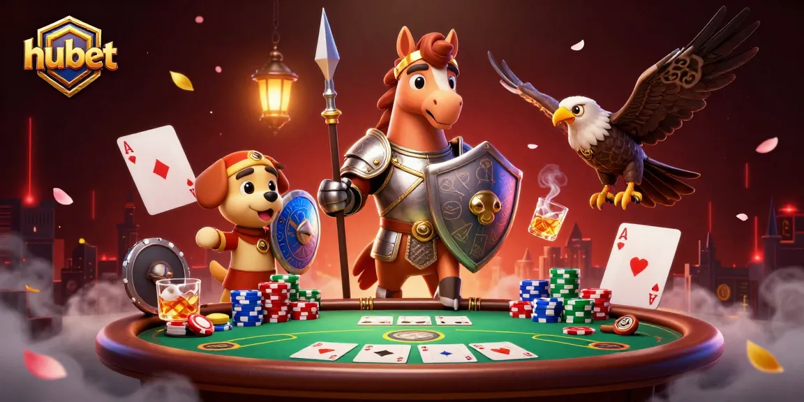 Engage with hubet's vibrant casino scene featuring heroic characters and poker-themed elements.