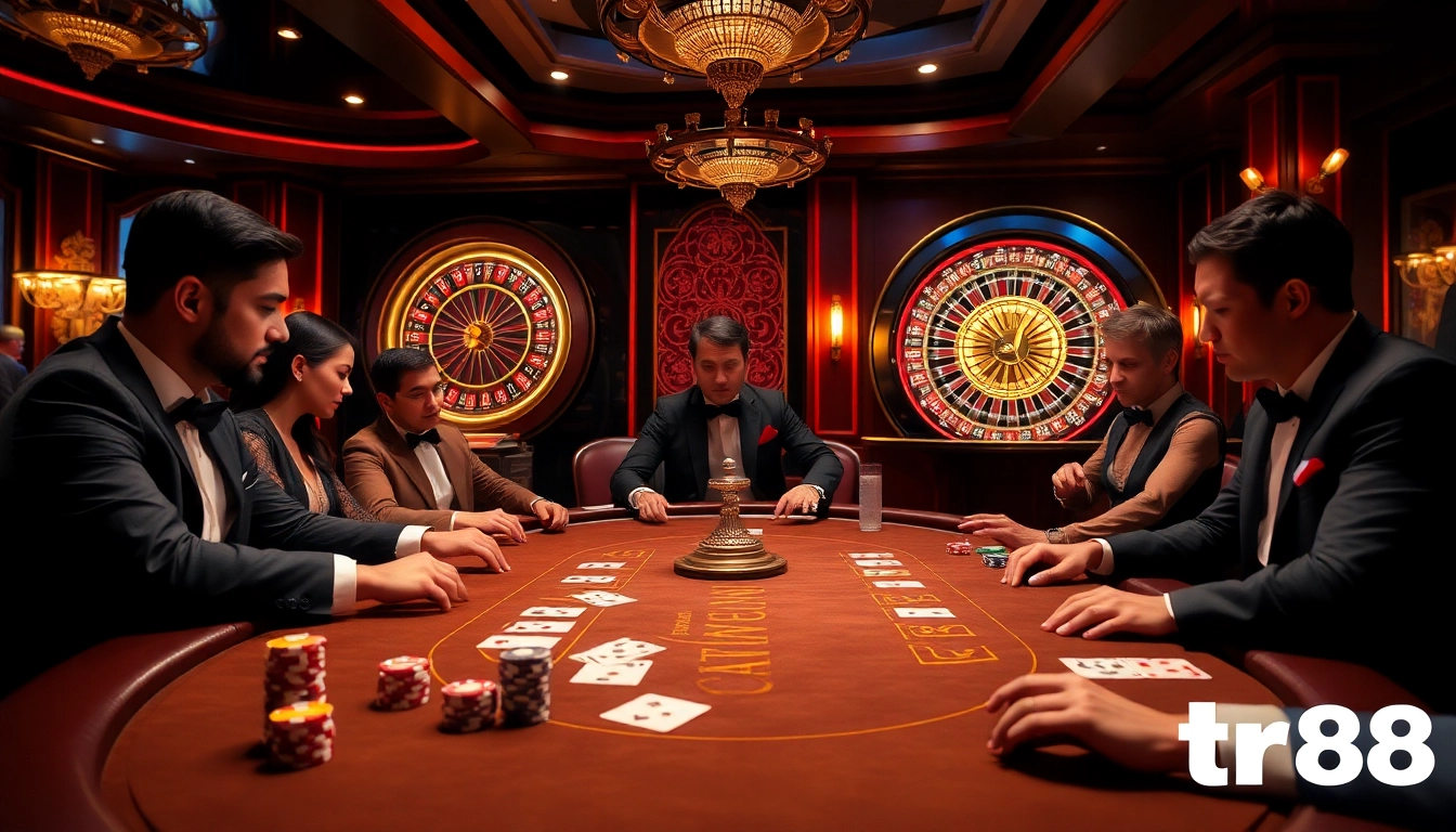 Players engrossed in a poker game at a luxurious casino table, showcasing the excitement of tr88.